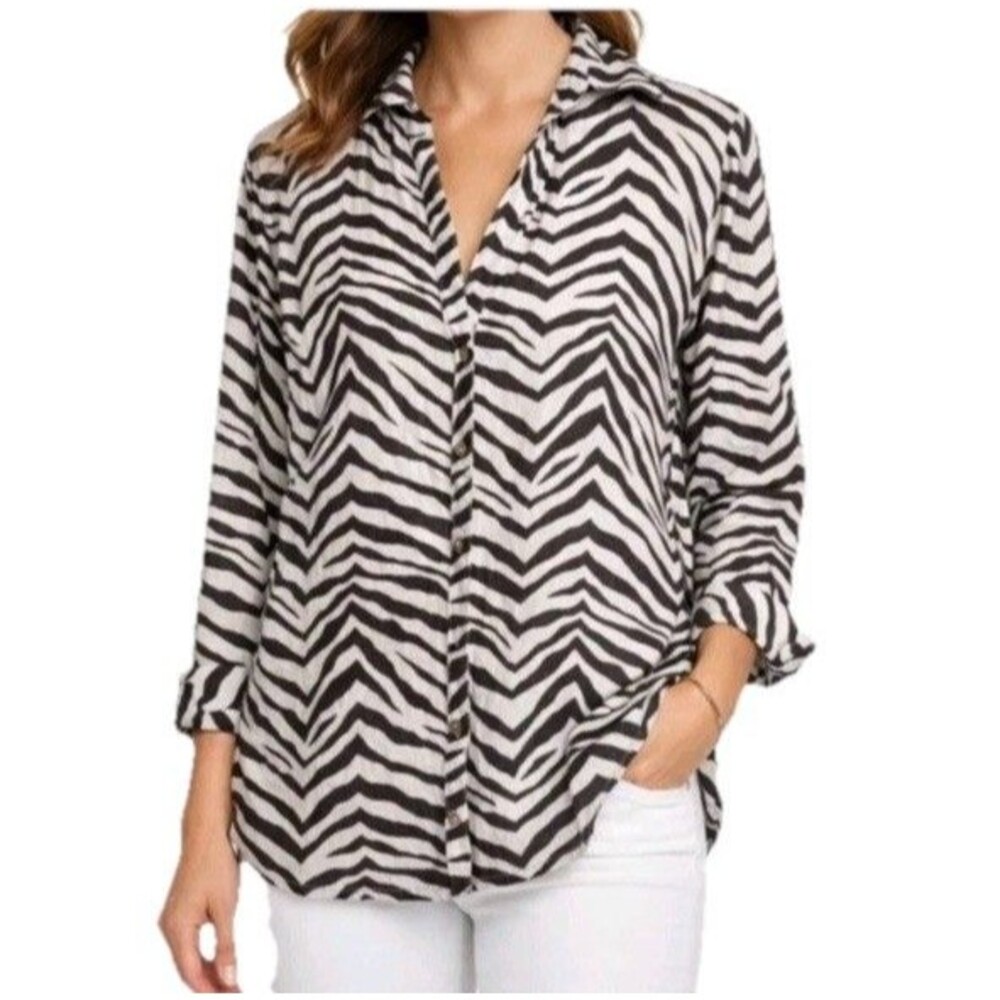 Tahari 100% Linen Button Up Shirt 2X Zebra Stripe Brown Coastal European Flax